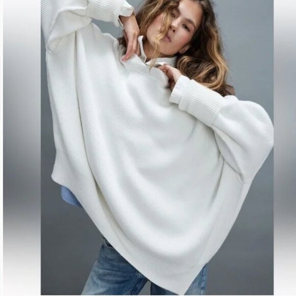 Free People Easy Street Sweater Tunic VERY Oversized Women's Small White Ribbed - Picture 1 of 8